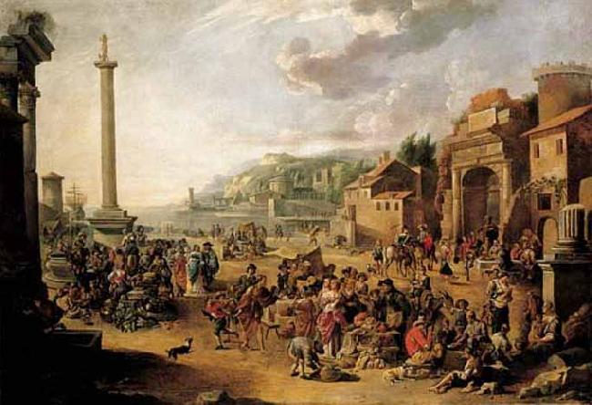 GRAFF, Anton A market in an Italianate harbour with Diogenes in search of an honest man oil painting picture